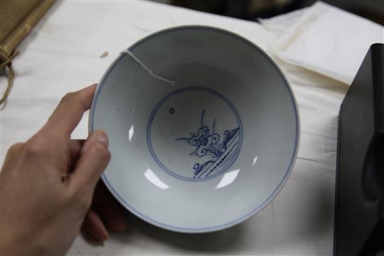 A Chinese blue and white Three Friends bowl, Yongzheng six character mark and of the period, diameter 15.5cm, hairline crack